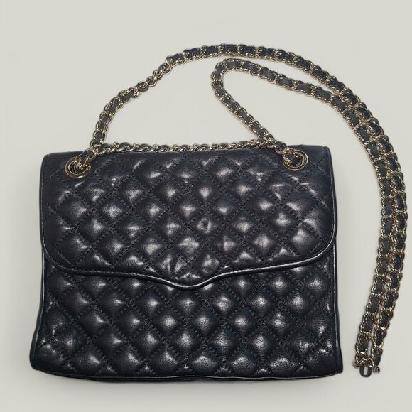 Rebecca Minkoff Black Quilted Leather Handbag Crossbody Shoulder Bag Gold Chain - Picture 1 of 16